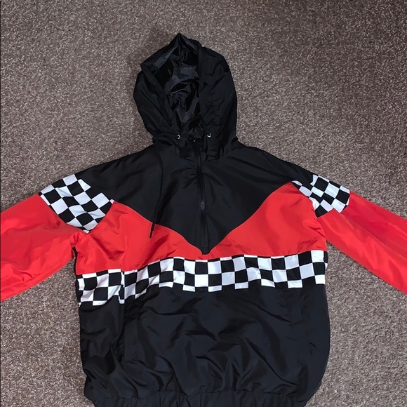 red checkered windbreaker